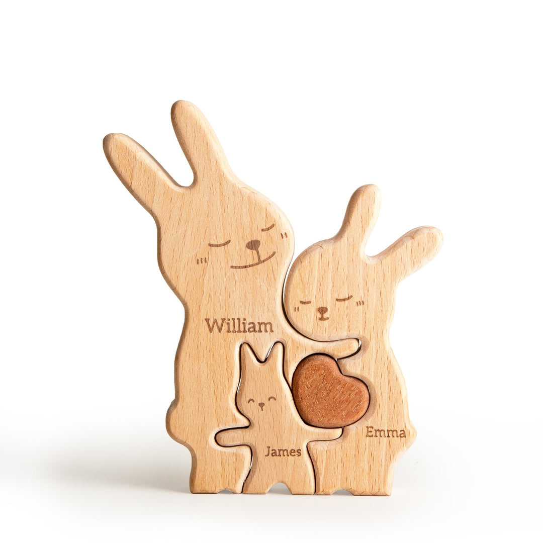 Personalized wooden rabbit family puzzle with names William, Emma, and James, perfect for family decor.