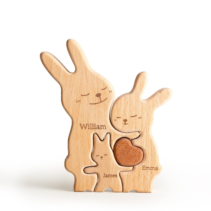 Personalized wooden rabbit family puzzle with names William, Emma, and James, perfect for family decor.