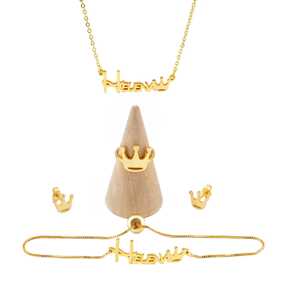 Crown Style Gold Personalized Baby Name Jewelry Set (Baby Necklace, Bracelet, Earrings and Ring SetοΌ