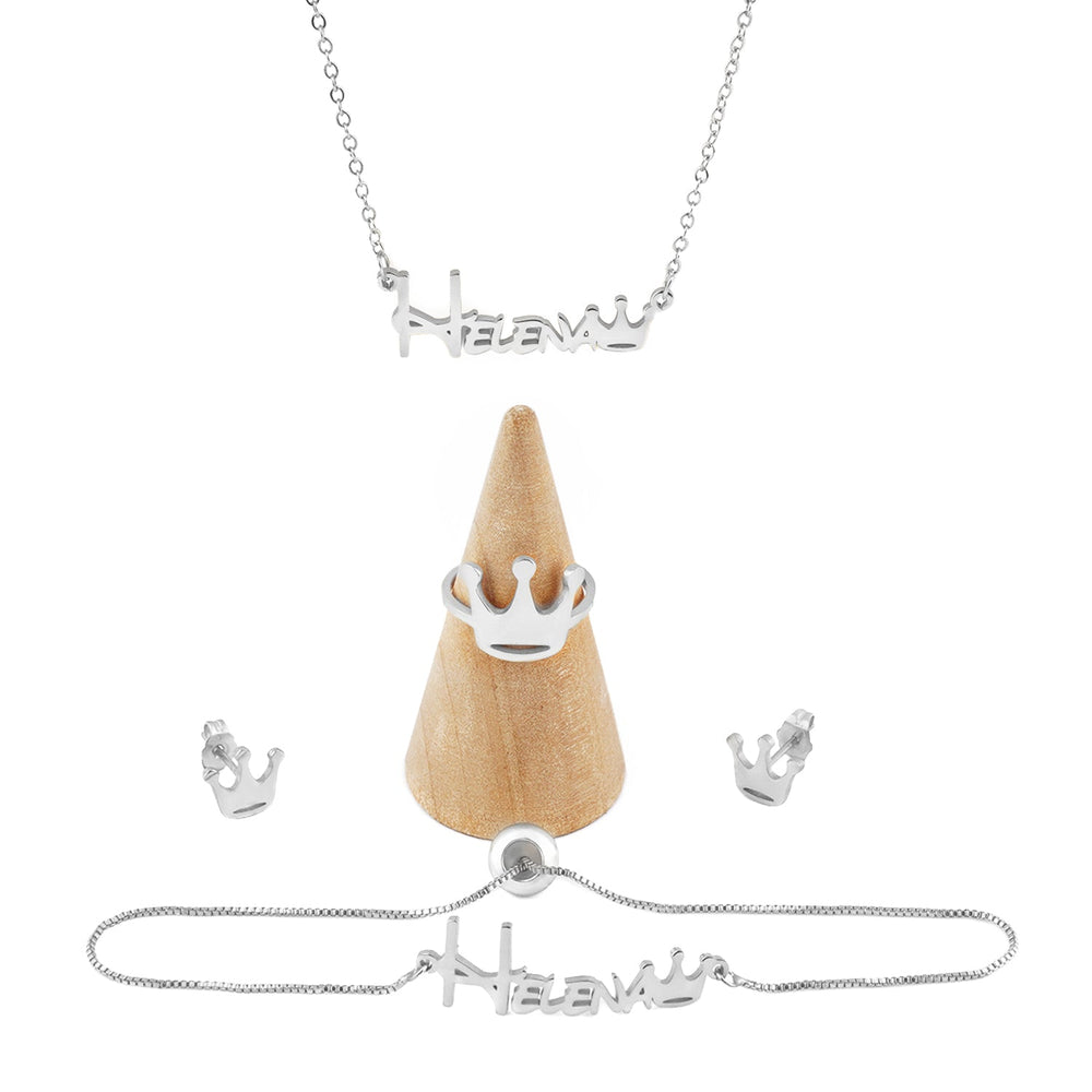 Crown Style Silver Personalized Baby Name Jewelry Set (Baby Necklace, Bracelet, Earrings and Ring SetοΌ