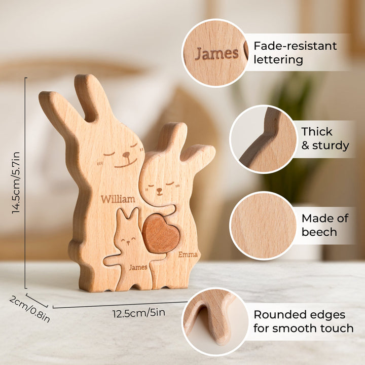 Personalized wooden rabbit family puzzle with names, made of beech, sturdy and with rounded edges.