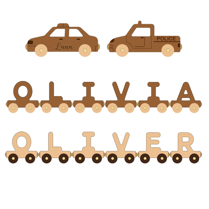 Personalized Wooden Police Car Train Set With Name
