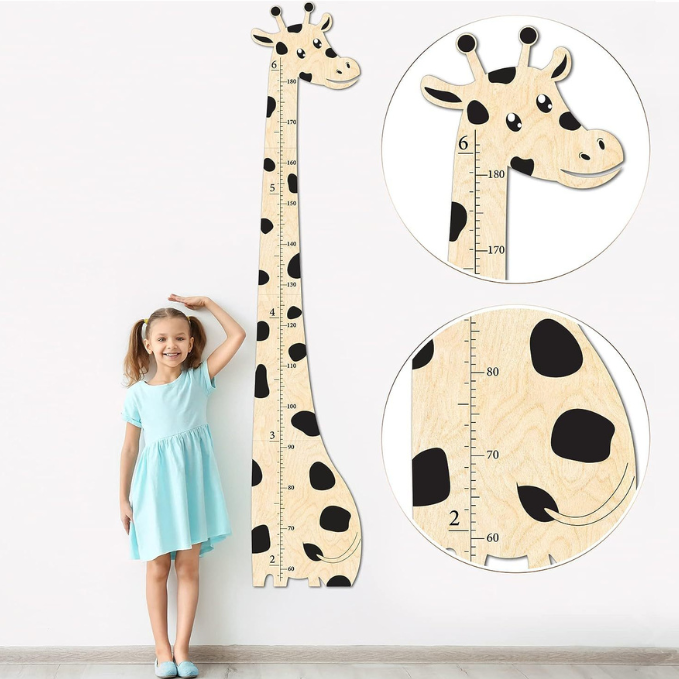 Wooden Baby Giraffe Growth Chart and a girl