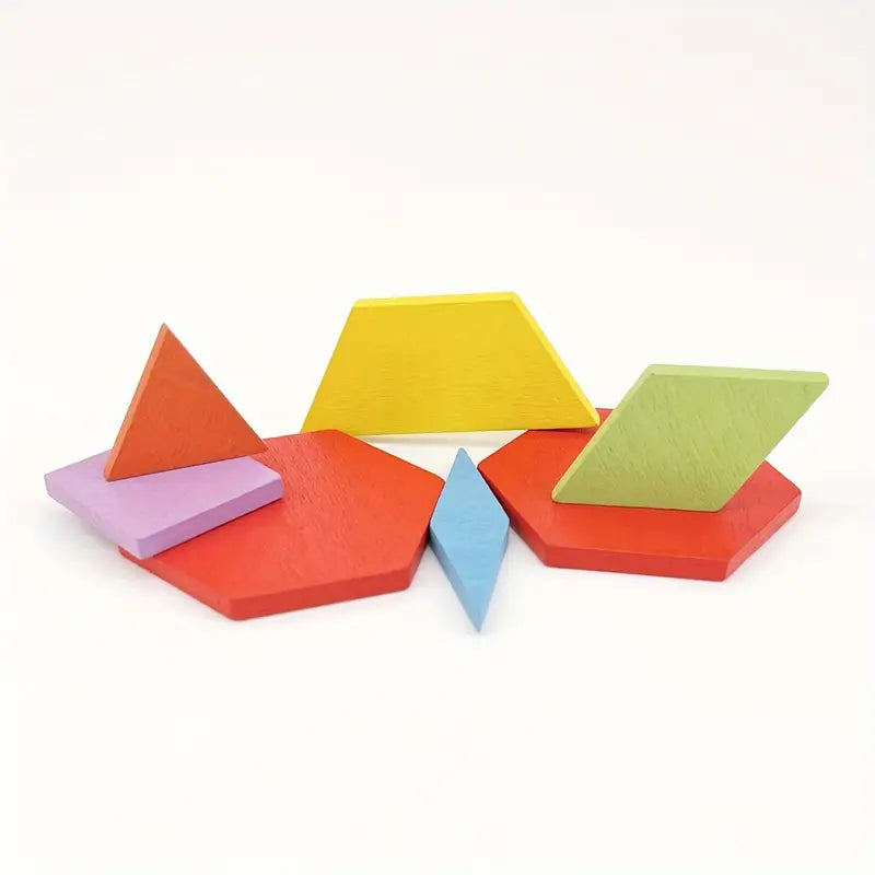 Wooden Pattern Blocks Set Geometric Shape Jigsaw Puzzle - Montessori Toys