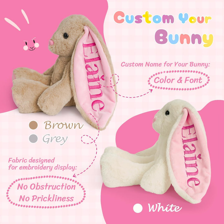 Custom plush bunny toy with personalized embroidery options, featuring soft fabric and three color choices.