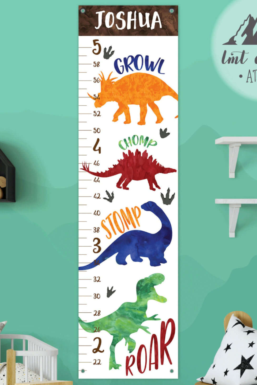 Personalized Dinosaur Hanging Canvas Growth Chart Height Ruler Woodemon