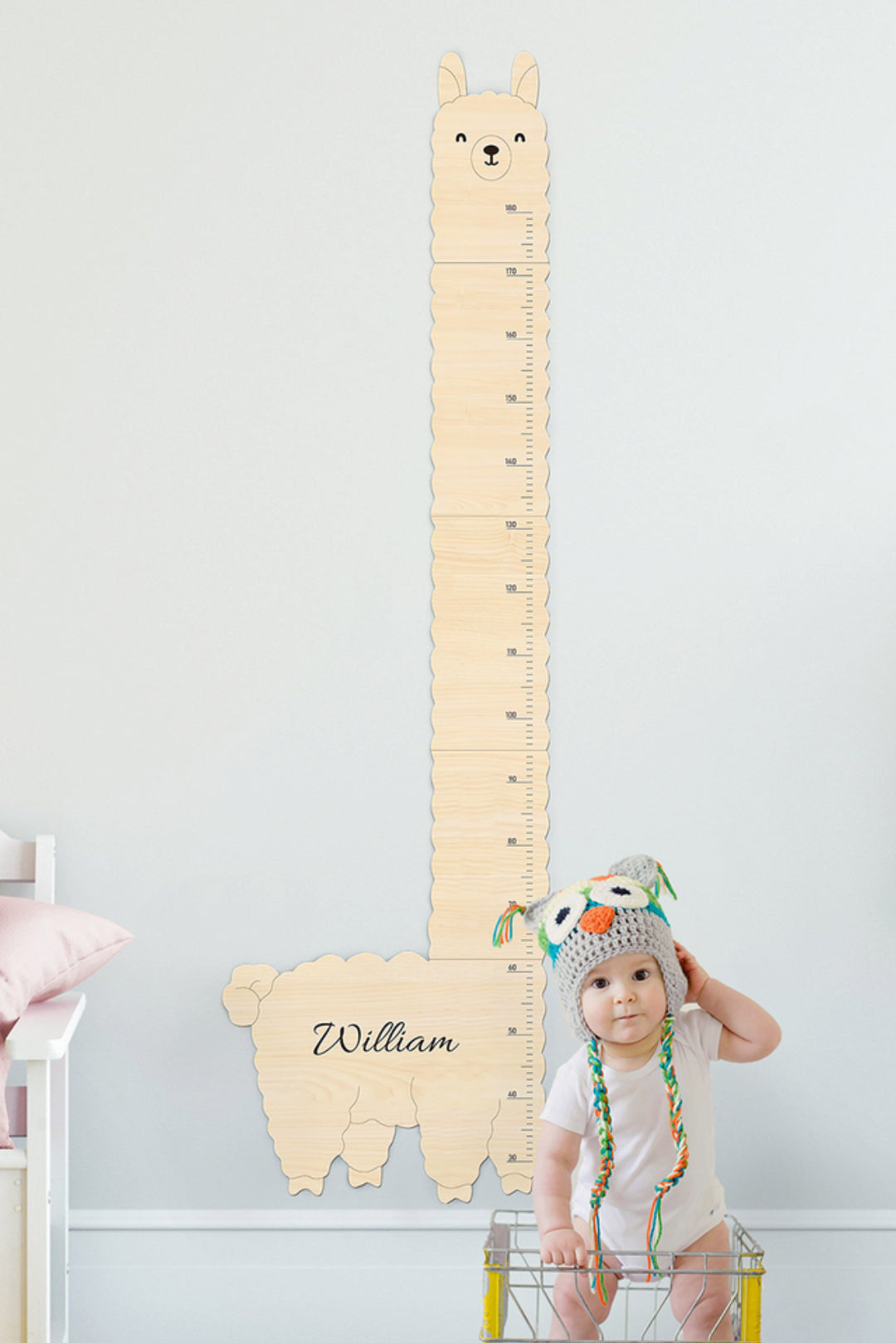 Personalized Wooden Alpaca Baby Growth Chart in Nursery