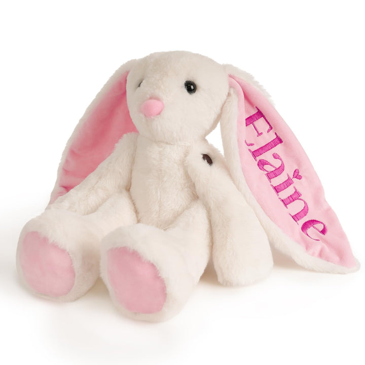 Embroidered plush bunny toy for kids with the name Elaine on pink inner ears.
