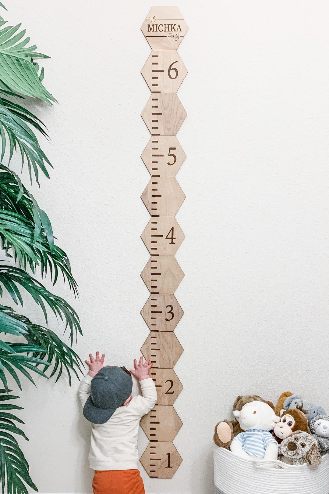 Wooden Hexagonal Patchwork Growth Chart For Kids on the Wall