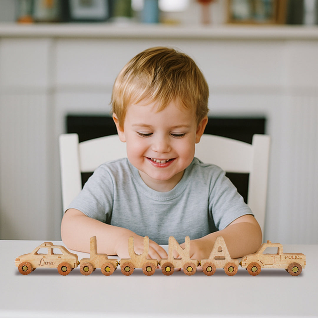 Personalized Wooden Police Car Train Set With Name