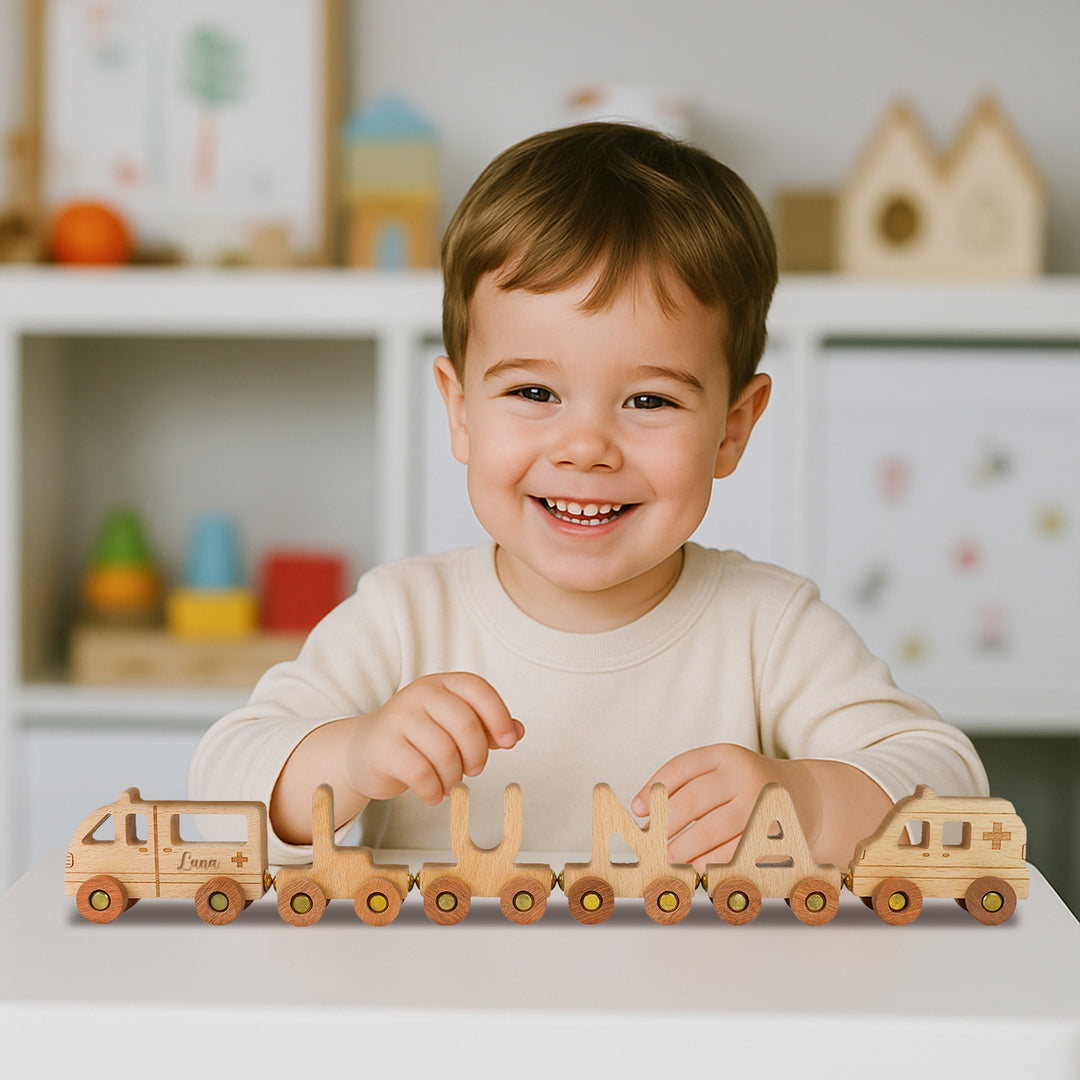 Personalized Wooden Ambulance Train Set With Name