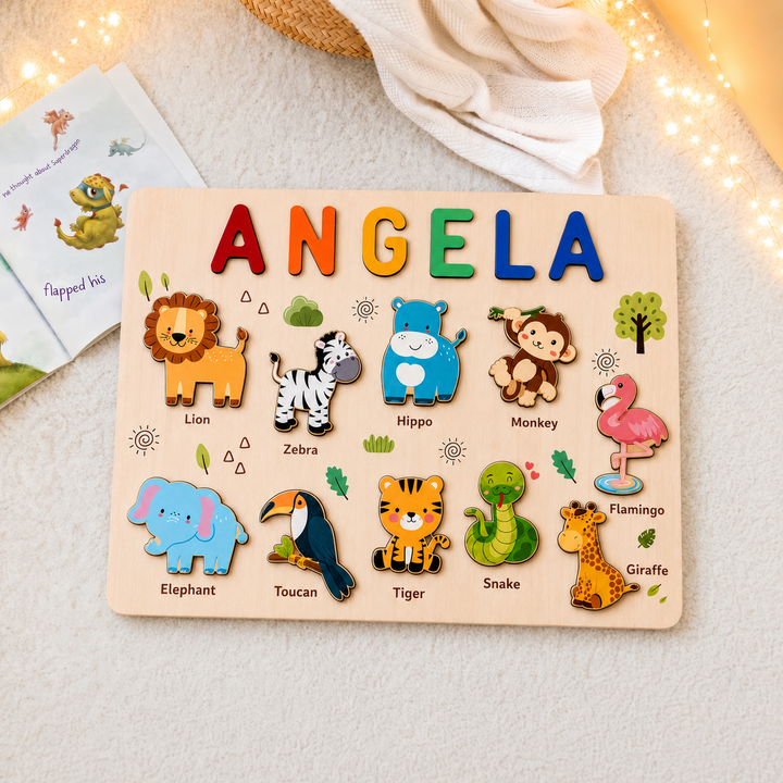 Personalized Wooden Name Puzzle - Safari Animal Learning Toy for Toddlers woodemon