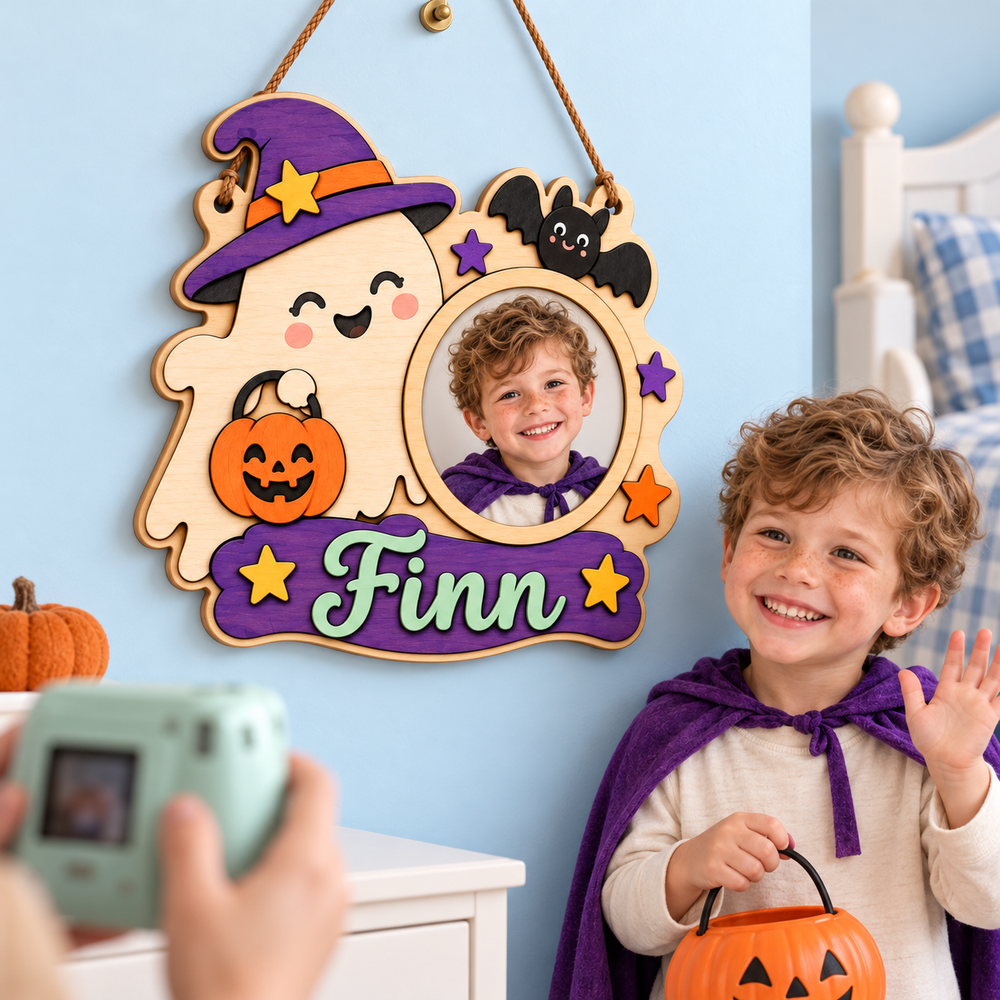 Personalized Kids Halloween Name & Photo Sign for Door & Wall Woodemon