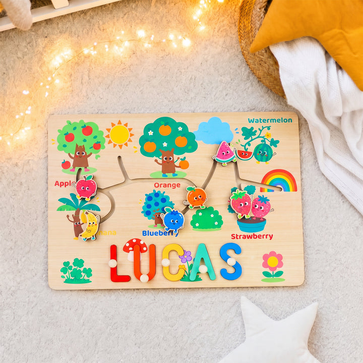 Personalized Montessori Fruit Sliding Name Puzzle Woodemon