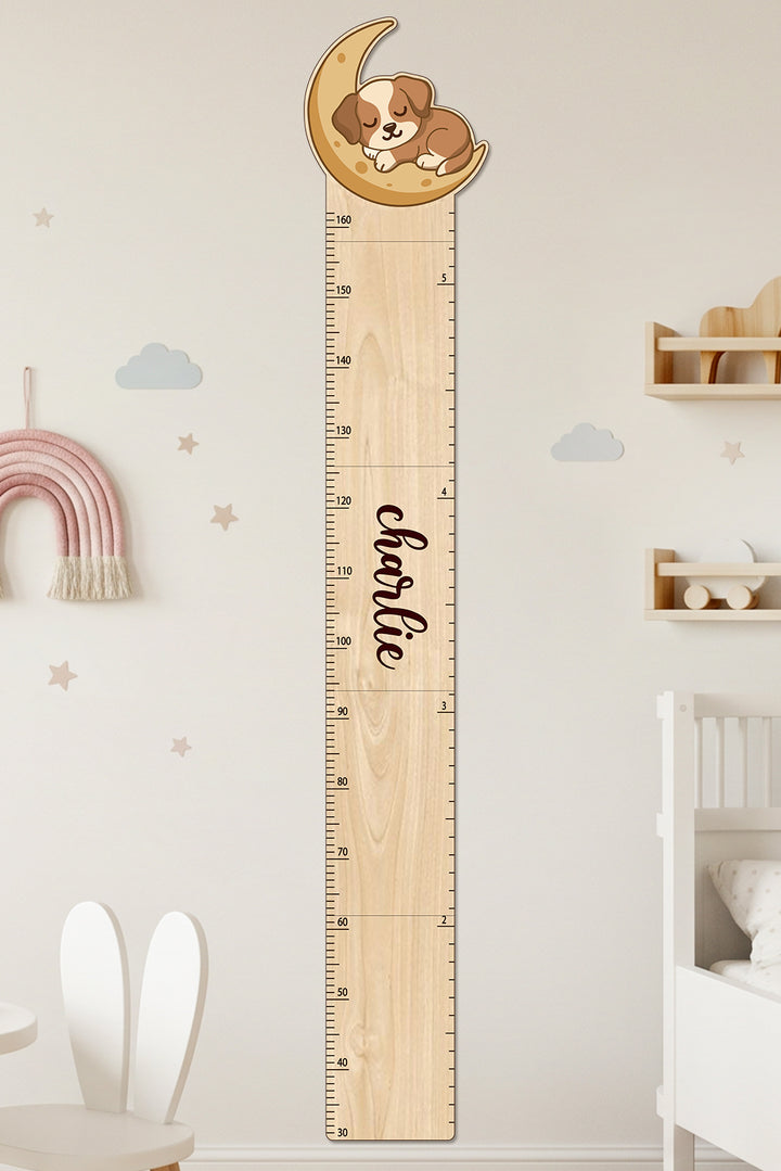 Personalized Wooden Sleeping Puppy on the Moon Growth Chart
