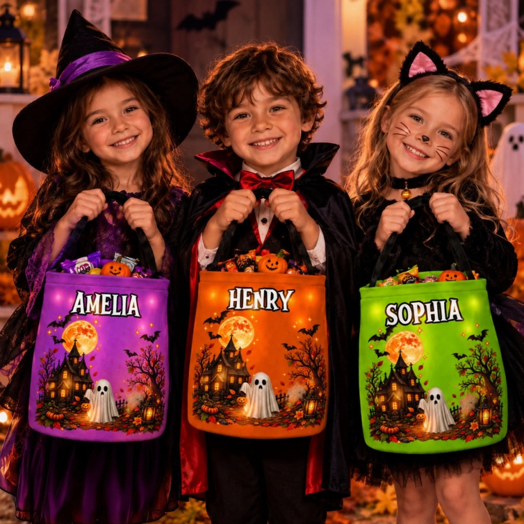 Personalized LED Halloween Candy Bucket Bag for Kids Trick or Treat Woodemon