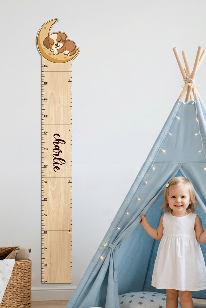 Personalized Wooden Sleeping Puppy on the Moon Growth Chart