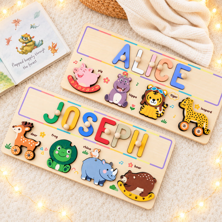 Personalized Wooden Animal Name Puzzle Busy Board Woodemon