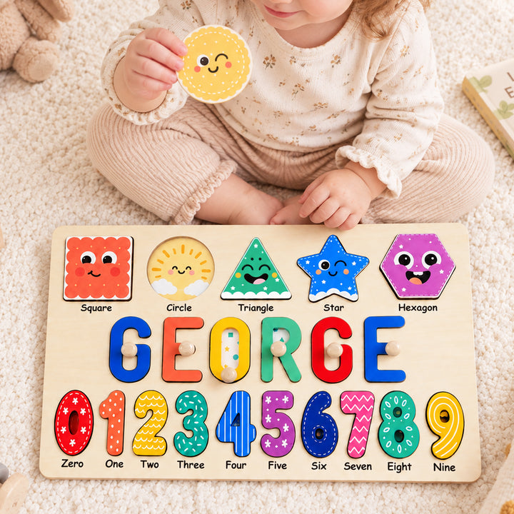 Personalized Wooden Name Puzzle with Numbers & Shapes woodemon