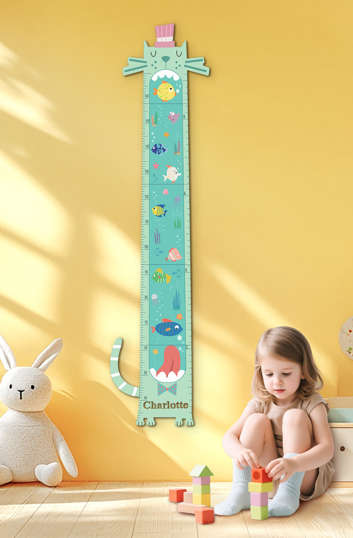 Personalized Wooden Ocean Cat Growth Chart for Kids