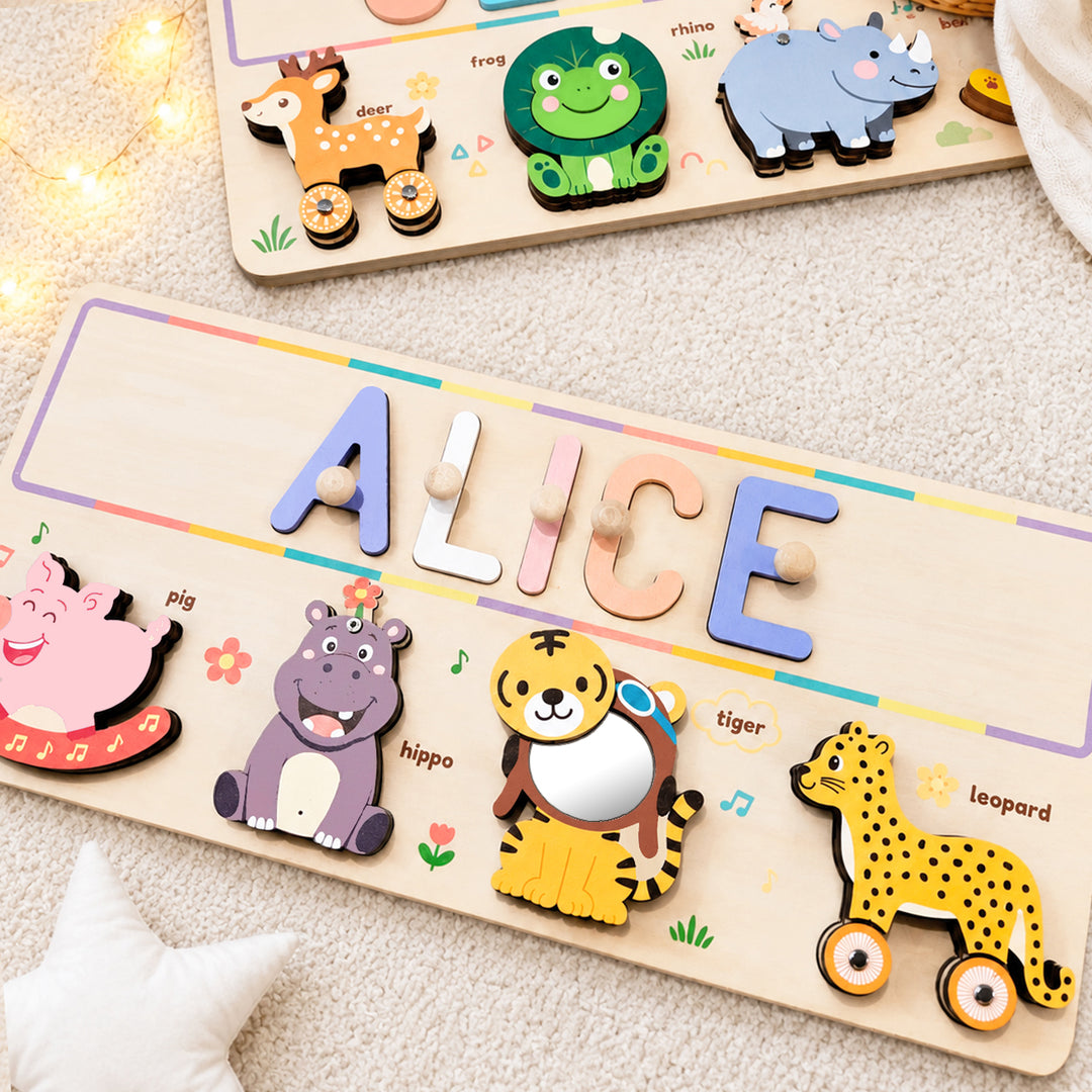 Personalized Wooden Animal Name Puzzle Busy Board Woodemon