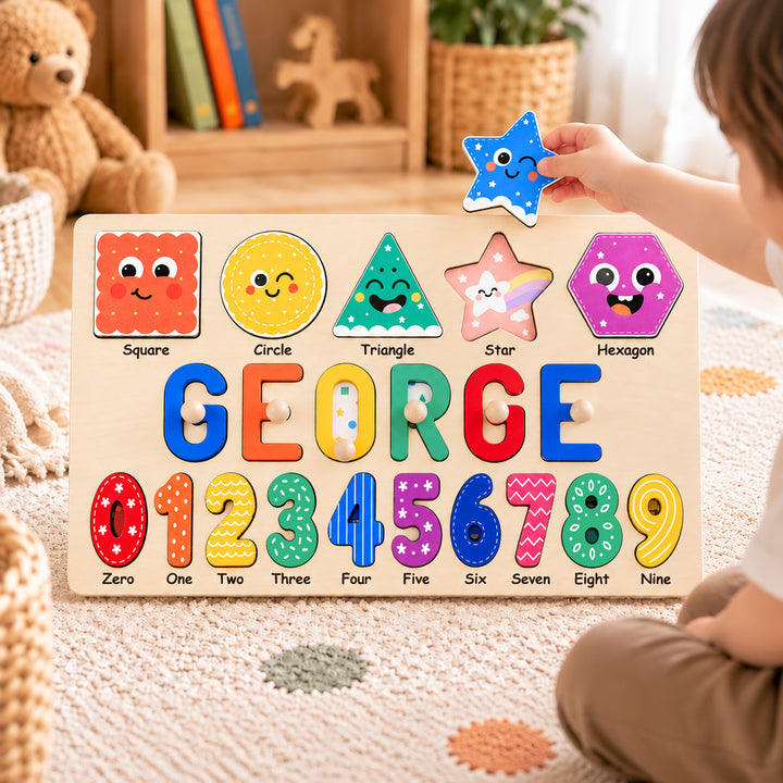 Personalized Wooden Name Puzzle with Numbers & Shapes woodemon