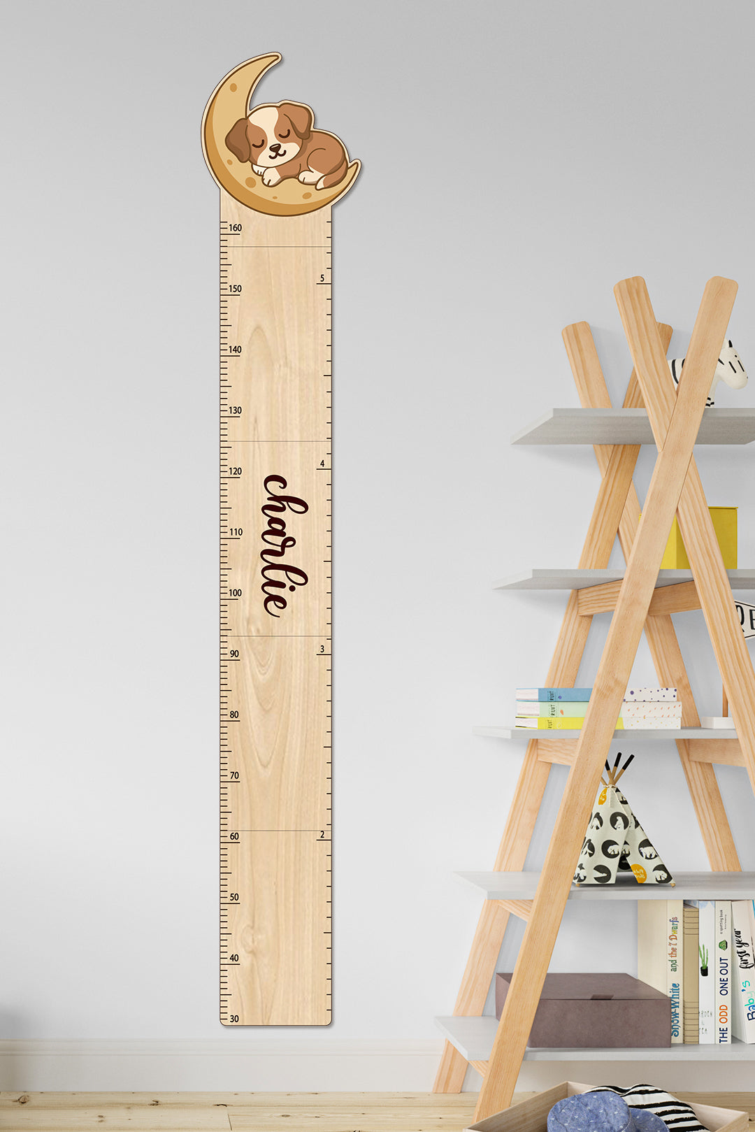 Personalized Wooden Sleeping Puppy on the Moon Growth Chart