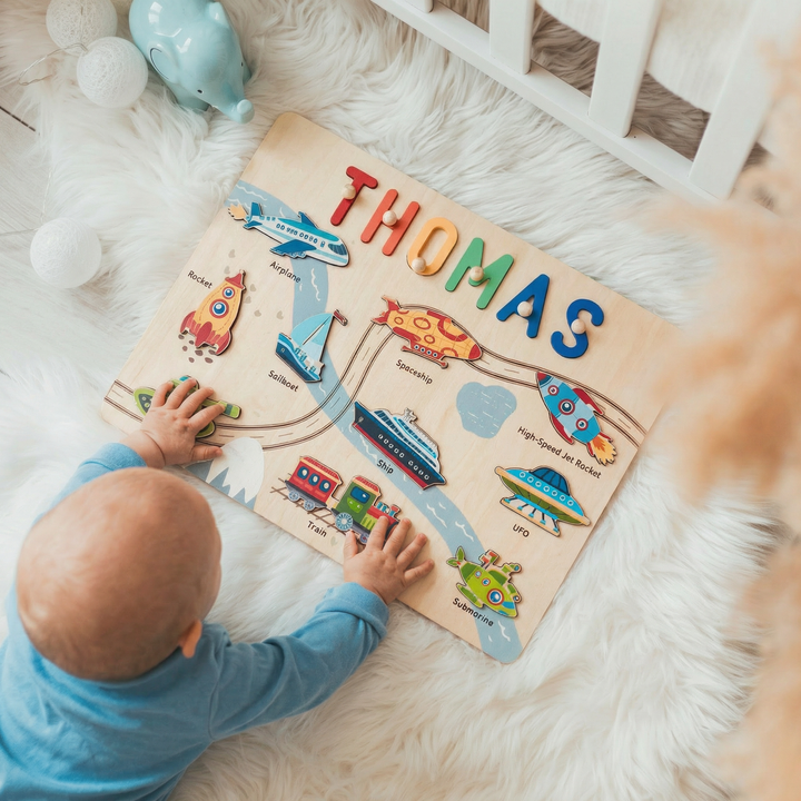 Puzzle de Nom en Bois Personnalisé - Jouet d'Apprentissage des Véhicules pour Tout-Petits