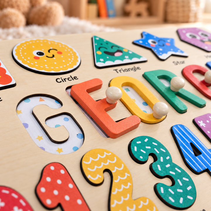 Personalized Wooden Name Puzzle with Numbers & Shapes woodemon