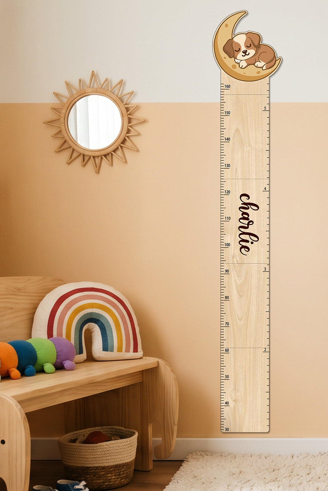 Personalized Wooden Sleeping Puppy on the Moon Growth Chart