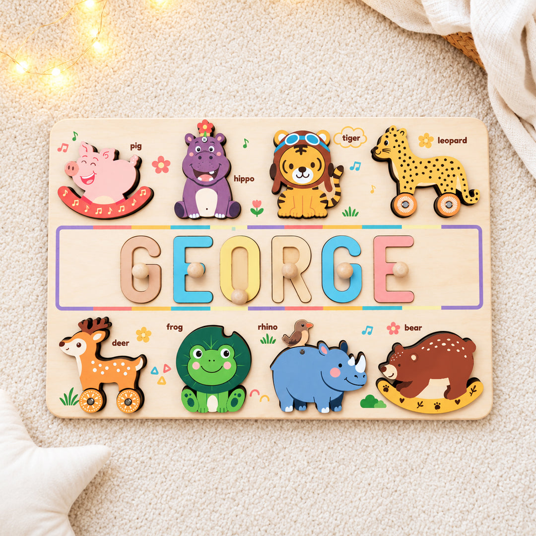 Personalized Wooden Animal Name Puzzle Busy Board Woodemon