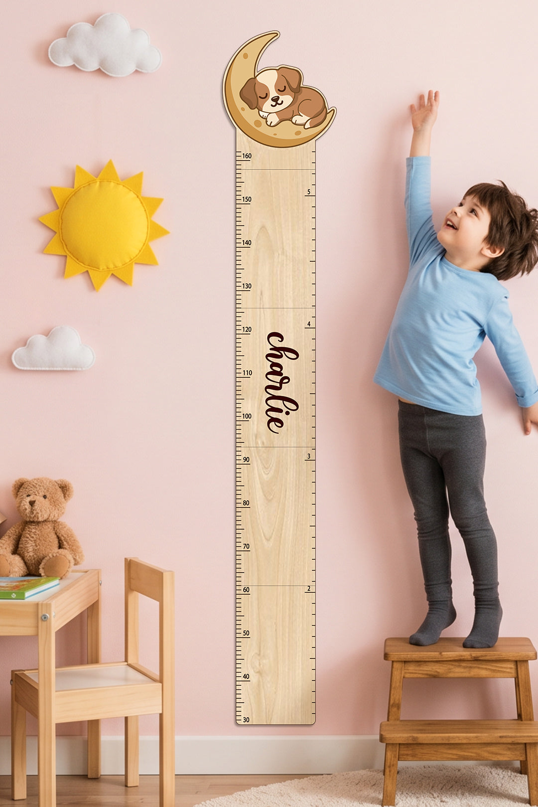 Personalized Wooden Sleeping Puppy on the Moon Growth Chart