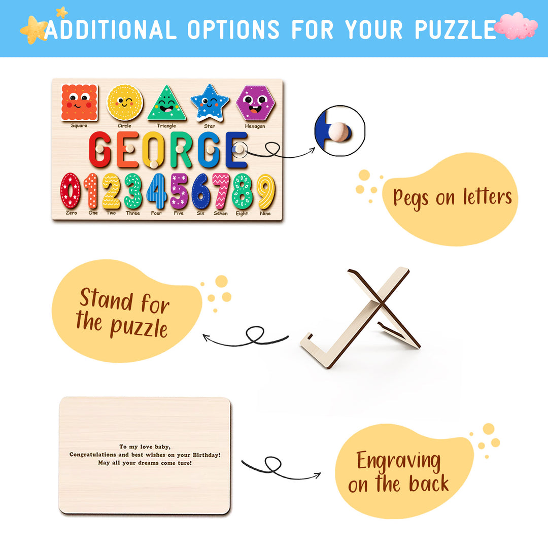 Personalized Wooden Name Puzzle with Numbers & Shapes woodemon