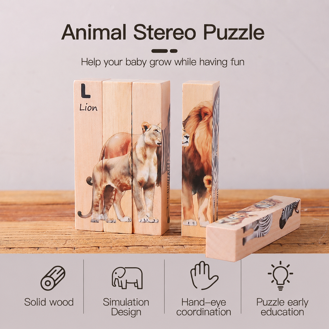 Montessori Wooden Animal Puzzle Board for Toddlers – 3D Wildlife Learning Toy Woodemon