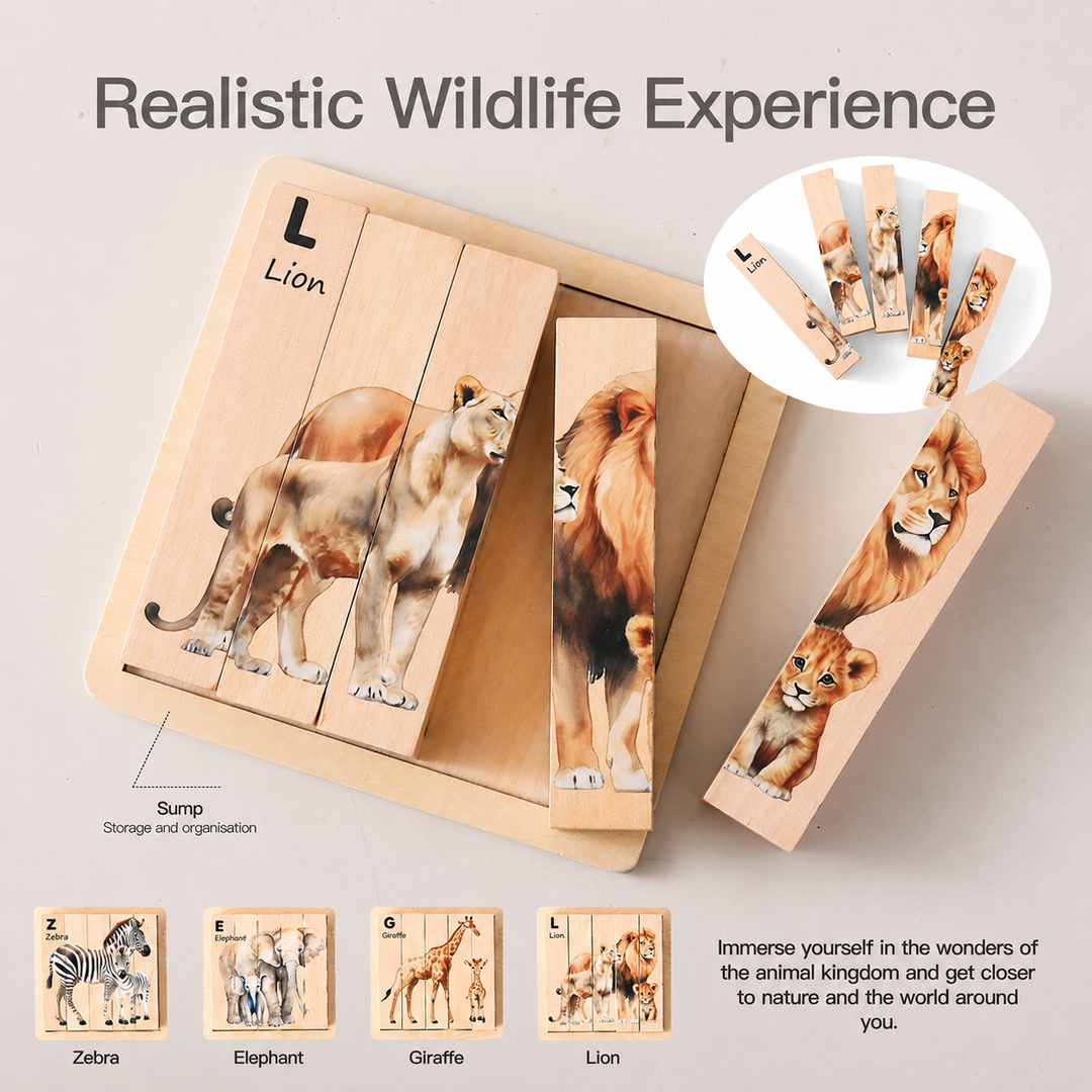 Montessori Wooden Animal Puzzle Board for Toddlers – 3D Wildlife Learning Toy Woodemon