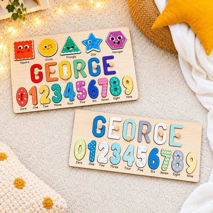 Personalized Wooden Name Puzzle with Numbers & Shapes woodemon