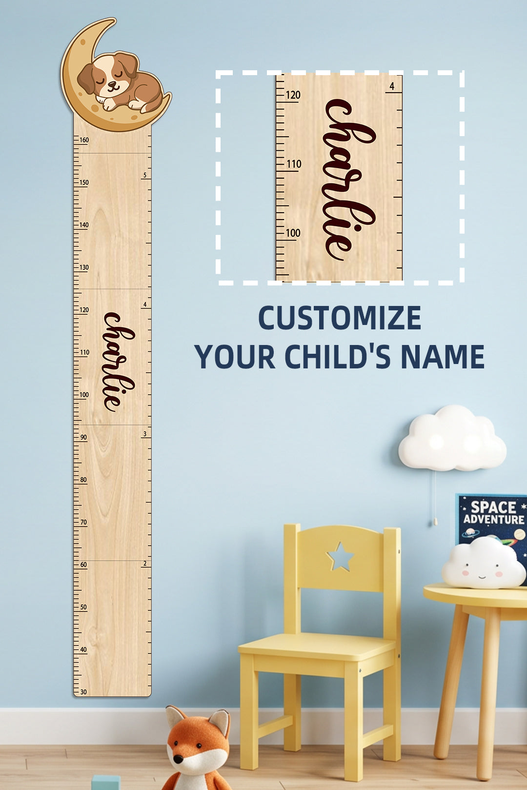Personalized Wooden Sleeping Puppy on the Moon Growth Chart