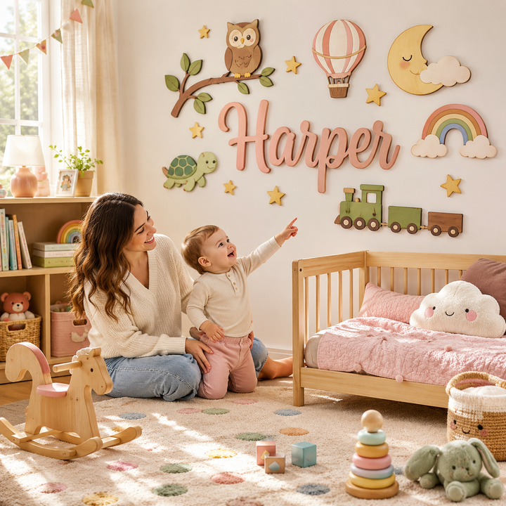 Personalized Wooden Nursery Name Sign – Custom Kids Room Wall Decor Woodemon