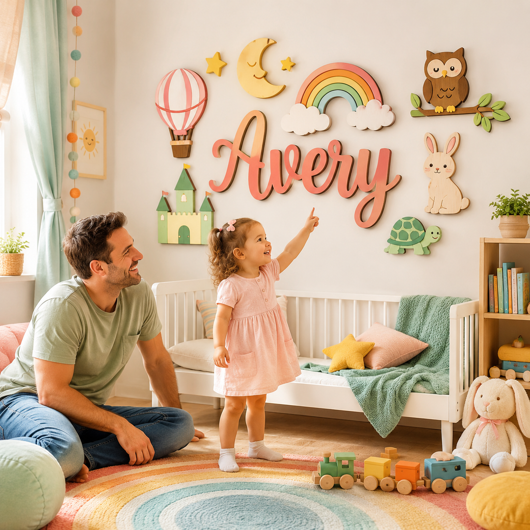 Personalized Wooden Nursery Name Sign – Custom Kids Room Wall Decor Woodemon