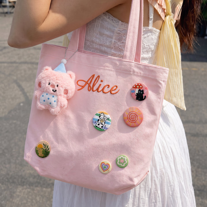 Personalized Embroidered Name Canvas Tote Bag with Decorative Badges Woodemon