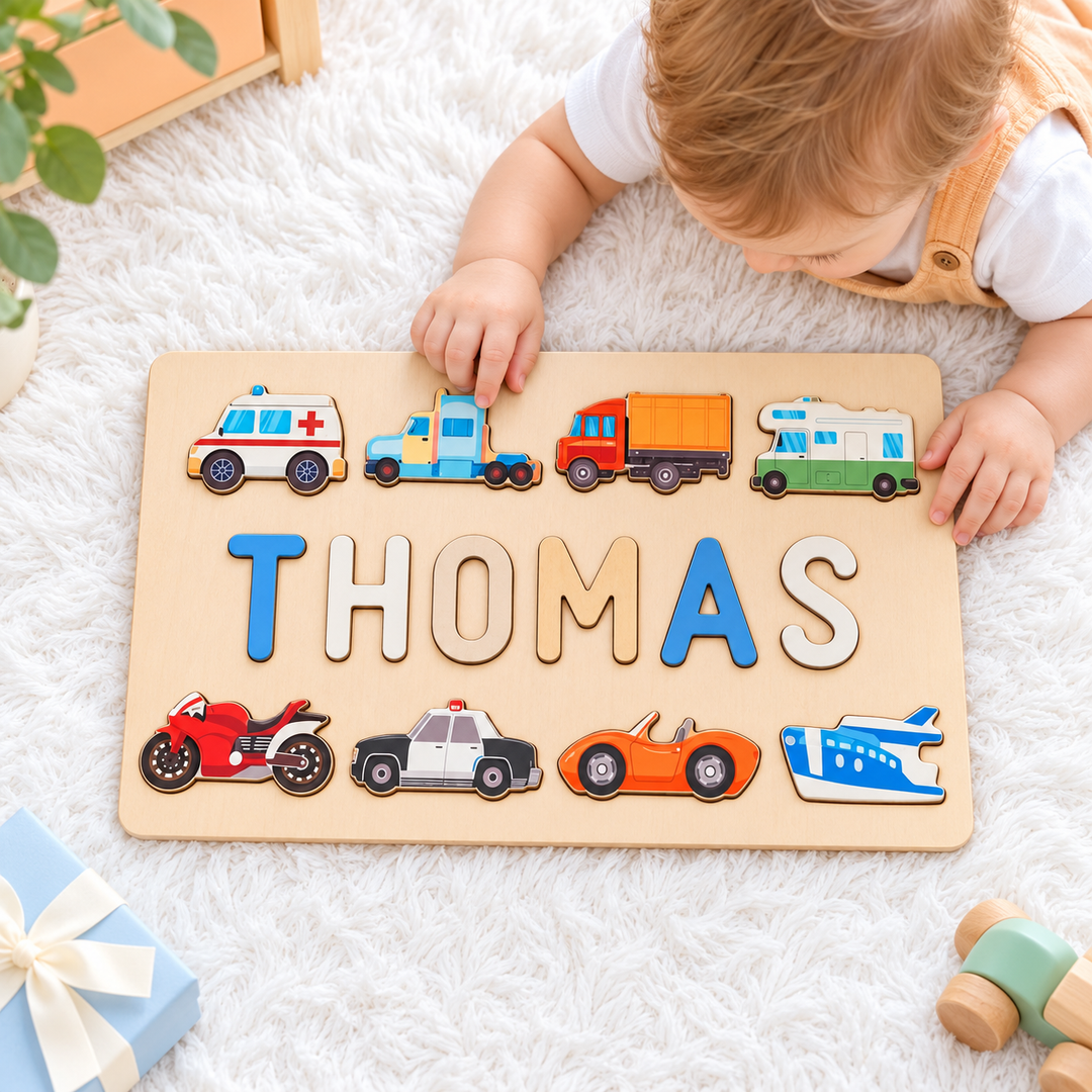 Personalized Wooden Baby Name Puzzle - Traffic woodemon