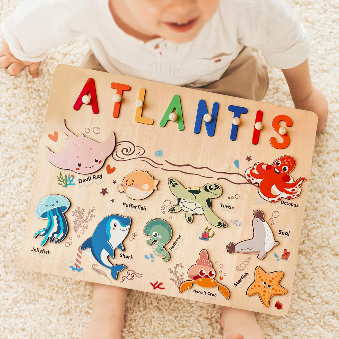 Personalisierte Holzname-Puzzle - Ozean-Tier-Spielzeug für Kleinkinder