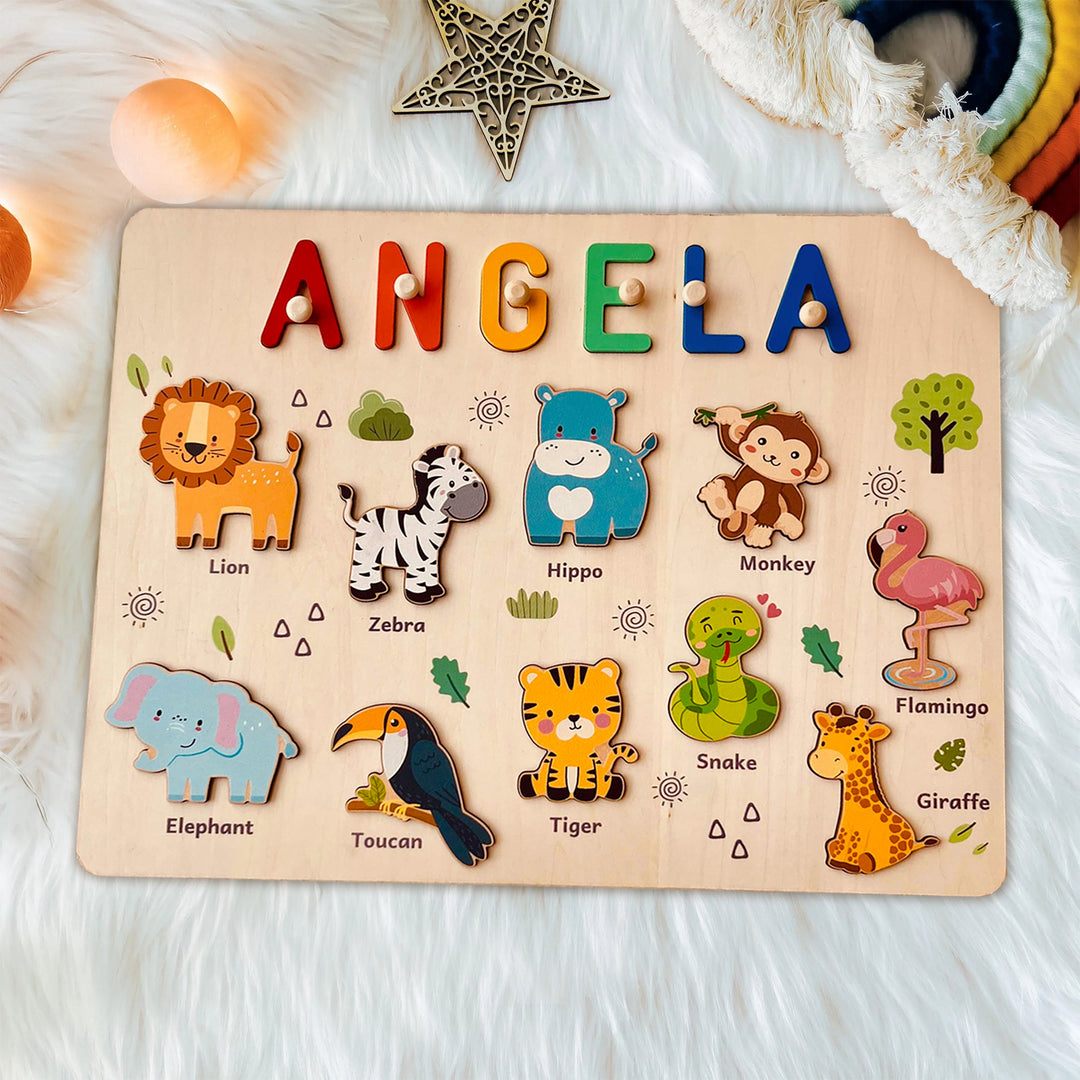 Personalisierte Holzname-Puzzle - Safari-Tier-Lernspielzeug für Kleinkinder