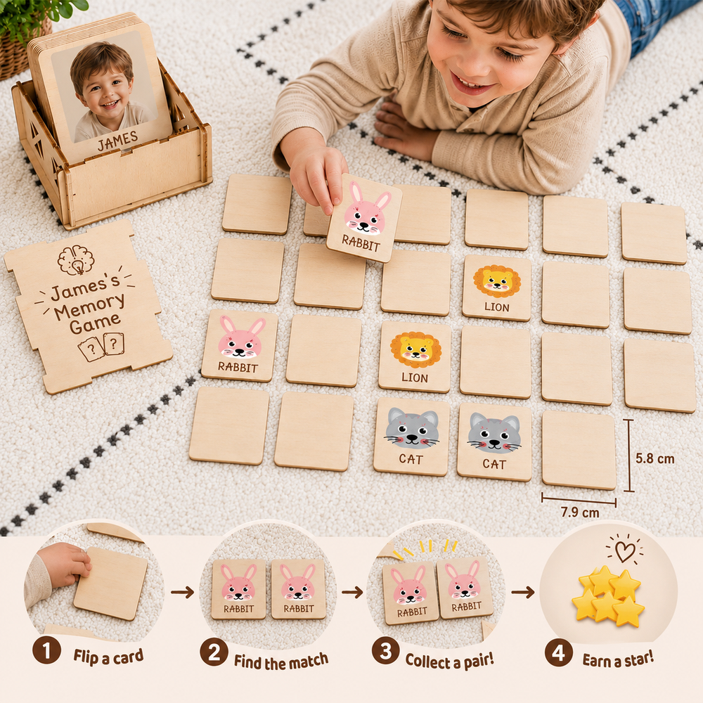 Personalized Wooden Animal Memory Matching Game for Kids Woodemon