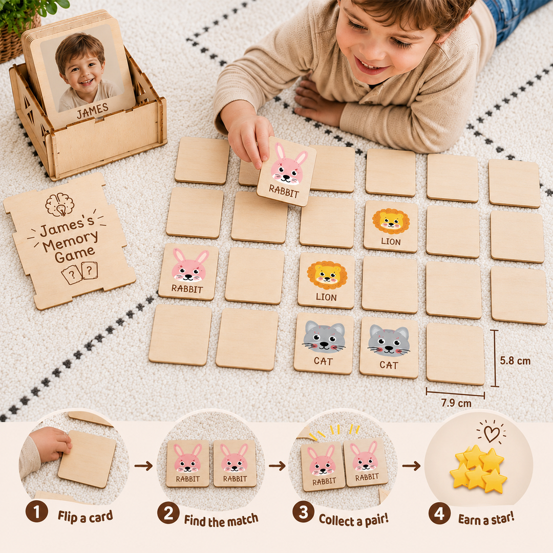 Personalized Wooden Animal Memory Matching Game for Kids Woodemon