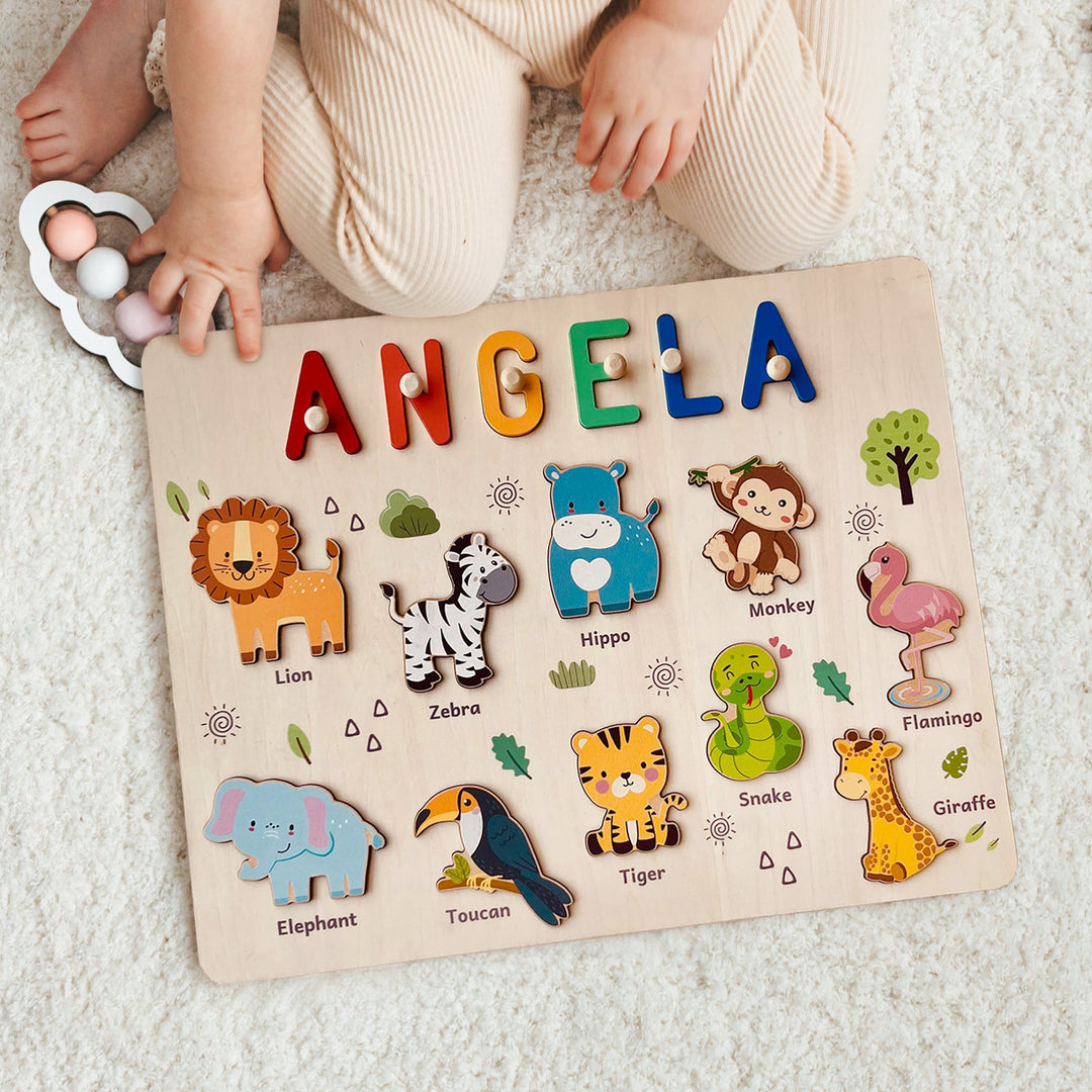Personalisierte Holzname-Puzzle - Safari-Tier-Lernspielzeug für Kleinkinder
