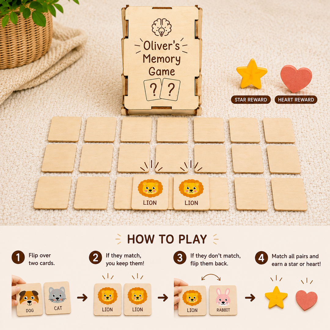Personalized Wooden Animal Memory Matching Game for Kids 5 Animal Pairs Woodemon