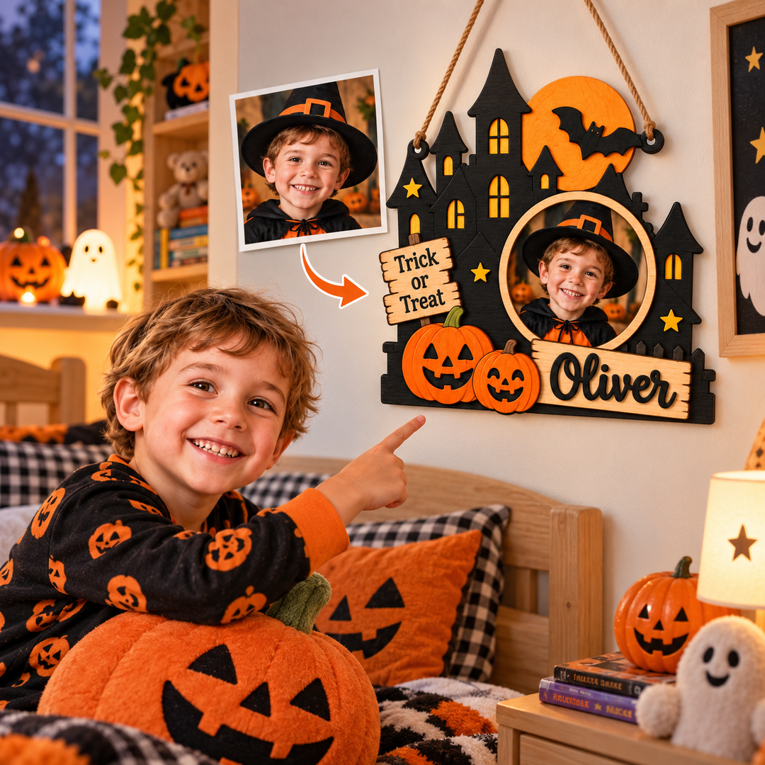 Personalized Kids Halloween Name & Photo Sign for Door & Wall Woodemon