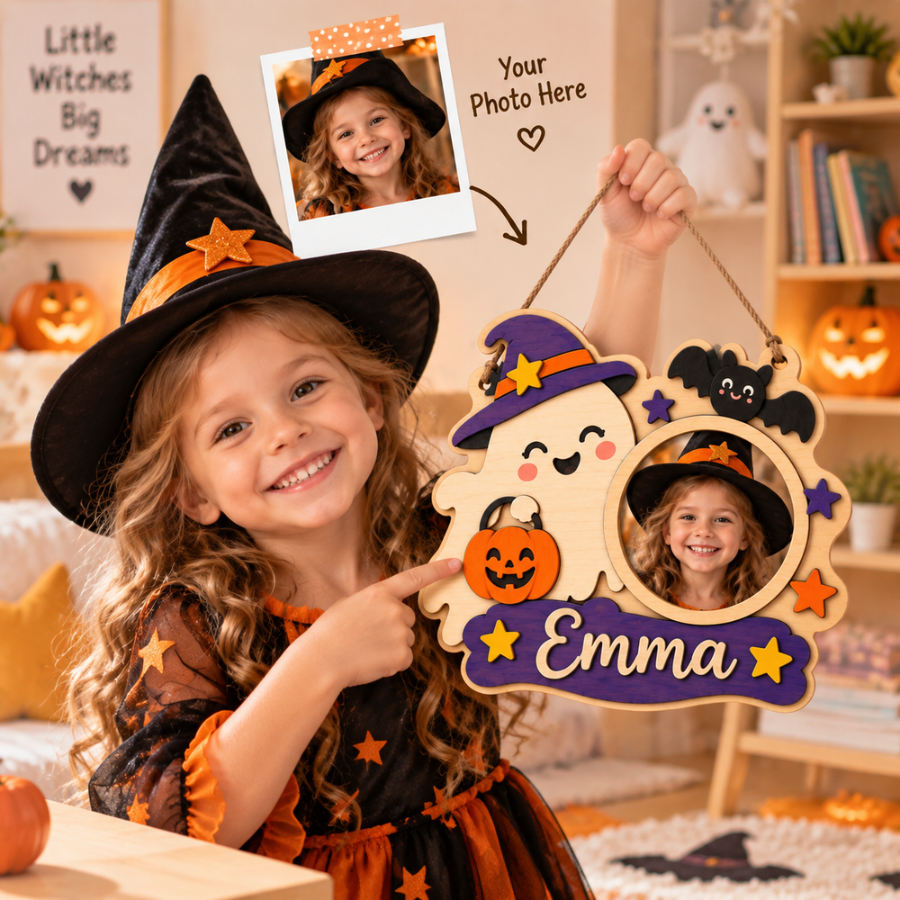 Personalized Kids Halloween Name & Photo Sign for Door & Wall Woodemon