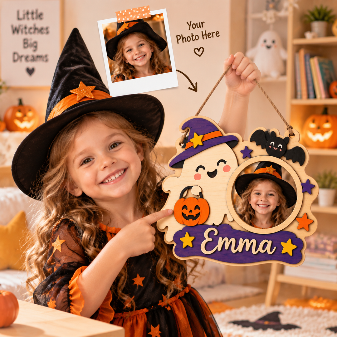Personalized Kids Halloween Name & Photo Sign for Door & Wall Woodemon
